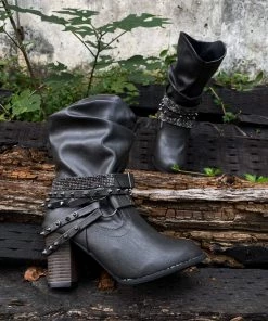 YL En Bloom | Rivet Strap-Wrapped Moto Boots - Charcoal 14 YL En Bloom | Rivet Strap-Wrapped Moto Boots - Charcoal