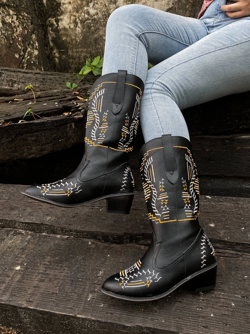 YL En Bloom | Geometric Embroidered Knee Cowboy Boots - Black New In Shoes 8 YL En Bloom | Geometric Embroidered Knee Cowboy Boots - Black New In Shoes