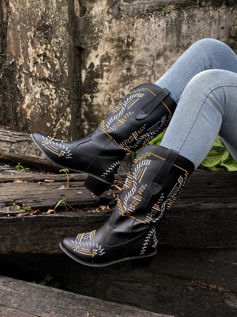 YL En Bloom | Geometric Embroidered Knee Cowboy Boots - Black New In Shoes 9 YL En Bloom | Geometric Embroidered Knee Cowboy Boots - Black New In Shoes