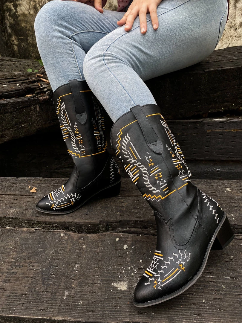 YL En Bloom | Geometric Embroidered Knee Cowboy Boots - Black New In Shoes 10 YL En Bloom | Geometric Embroidered Knee Cowboy Boots - Black New In Shoes