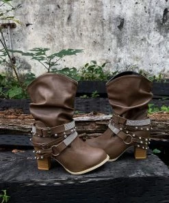 YL En Bloom | Rivet Strap-Wrapped Moto Boots - Brown New In Shoes