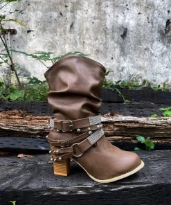 YL En Bloom | Rivet Strap-Wrapped Moto Boots - Brown New In Shoes 15 YL En Bloom | Rivet Strap-Wrapped Moto Boots - Brown New In Shoes