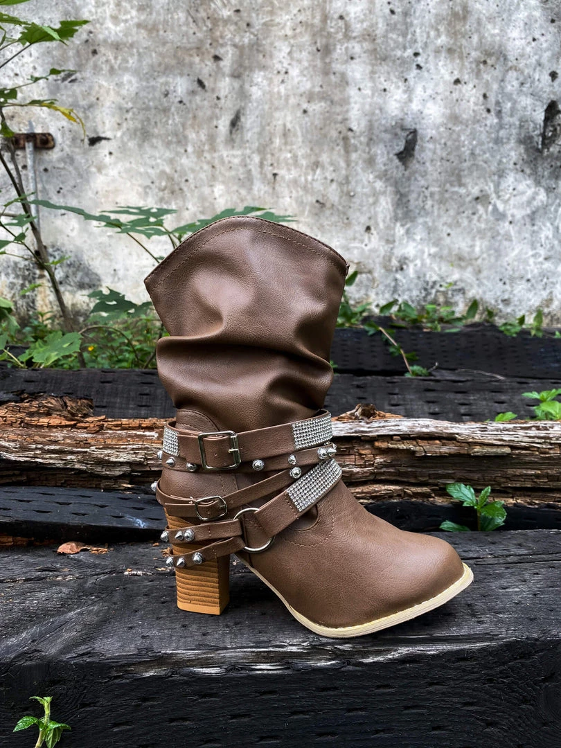 YL En Bloom | Rivet Strap-Wrapped Moto Boots - Brown New In Shoes 6 YL En Bloom | Rivet Strap-Wrapped Moto Boots - Brown New In Shoes