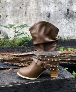 YL En Bloom | Rivet Strap-Wrapped Moto Boots - Brown New In Shoes 17 YL En Bloom | Rivet Strap-Wrapped Moto Boots - Brown New In Shoes