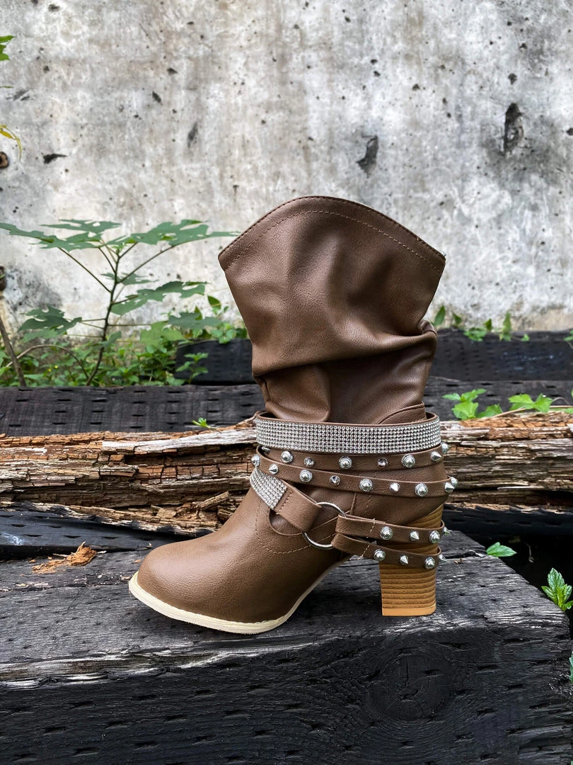 YL En Bloom | Rivet Strap-Wrapped Moto Boots - Brown New In Shoes 8 YL En Bloom | Rivet Strap-Wrapped Moto Boots - Brown New In Shoes
