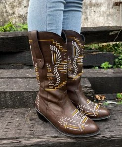 YL En Bloom | Geometric Embroidered Knee Cowboy Boots - Brown New In Shoes