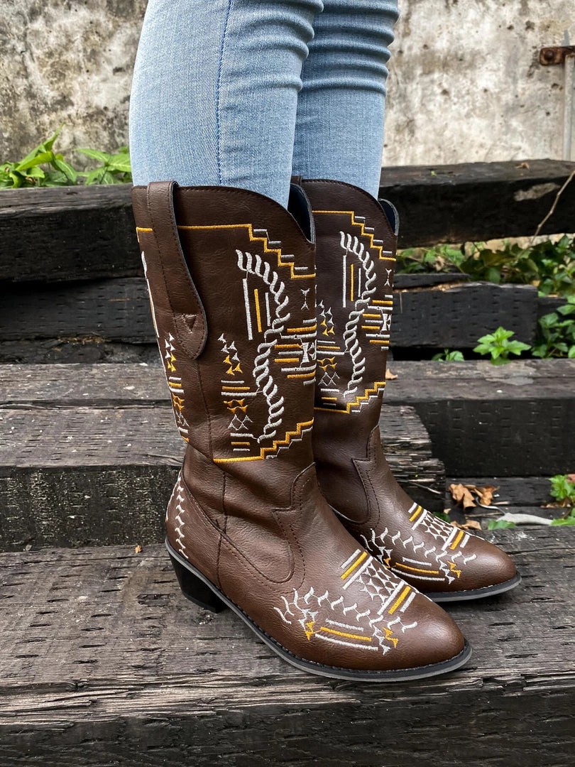 YL En Bloom | Geometric Embroidered Knee Cowboy Boots - Brown New In Shoes 2 YL En Bloom | Geometric Embroidered Knee Cowboy Boots - Brown New In Shoes