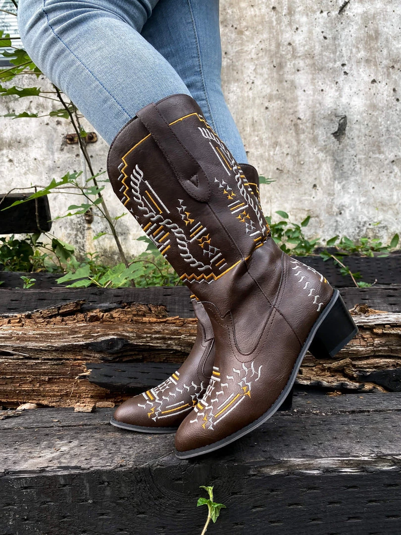 YL En Bloom | Geometric Embroidered Knee Cowboy Boots - Brown New In Shoes 3 YL En Bloom | Geometric Embroidered Knee Cowboy Boots - Brown New In Shoes
