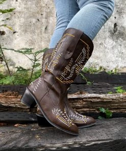 YL En Bloom | Geometric Embroidered Knee Cowboy Boots - Brown New In Shoes