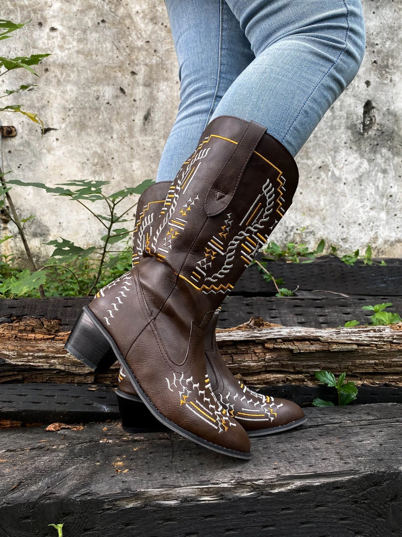 YL En Bloom | Geometric Embroidered Knee Cowboy Boots - Brown New In Shoes 1 YL En Bloom | Geometric Embroidered Knee Cowboy Boots - Brown New In Shoes