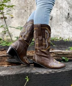 YL En Bloom | Geometric Embroidered Knee Cowboy Boots - Brown New In Shoes 14 YL En Bloom | Geometric Embroidered Knee Cowboy Boots - Brown New In Shoes