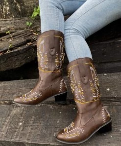 YL En Bloom | Geometric Embroidered Knee Cowboy Boots - Brown New In Shoes 13 YL En Bloom | Geometric Embroidered Knee Cowboy Boots - Brown New In Shoes