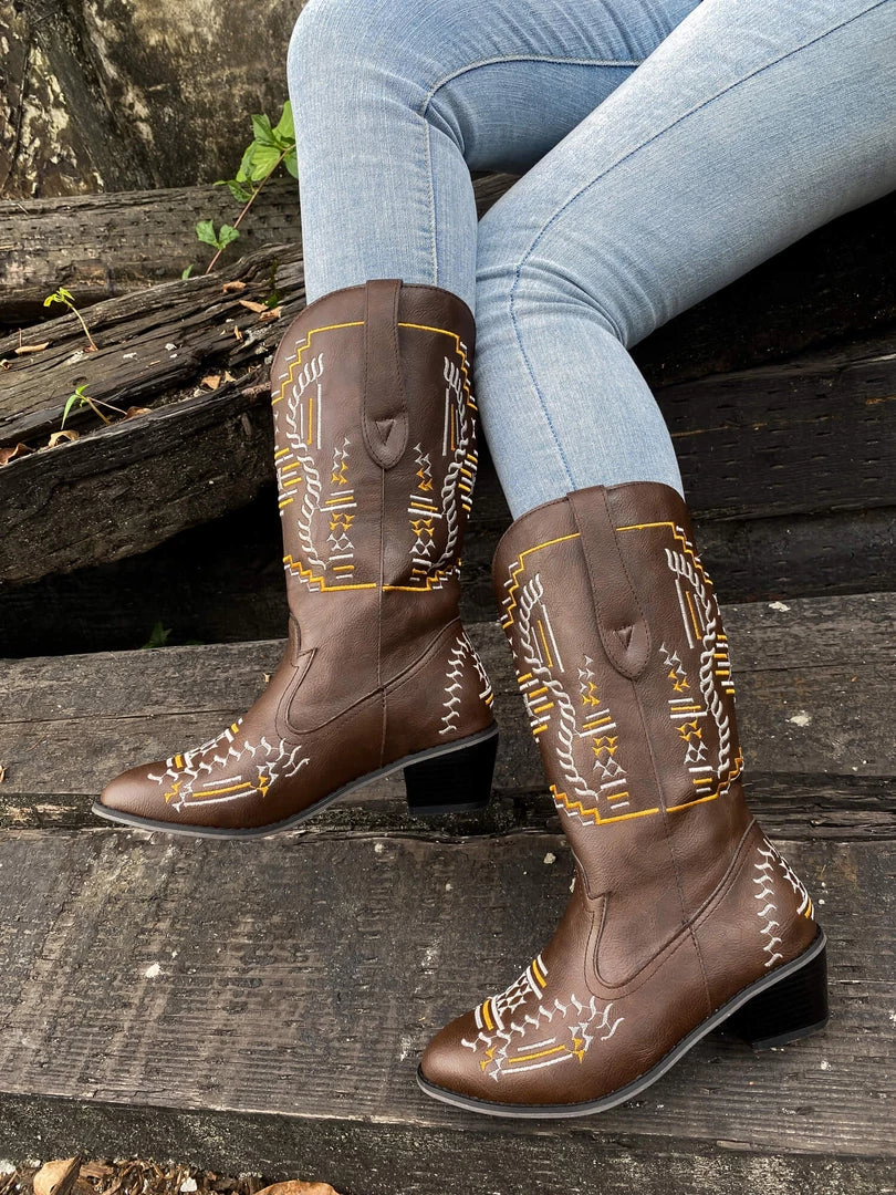 YL En Bloom | Geometric Embroidered Knee Cowboy Boots - Brown New In Shoes 4 YL En Bloom | Geometric Embroidered Knee Cowboy Boots - Brown New In Shoes