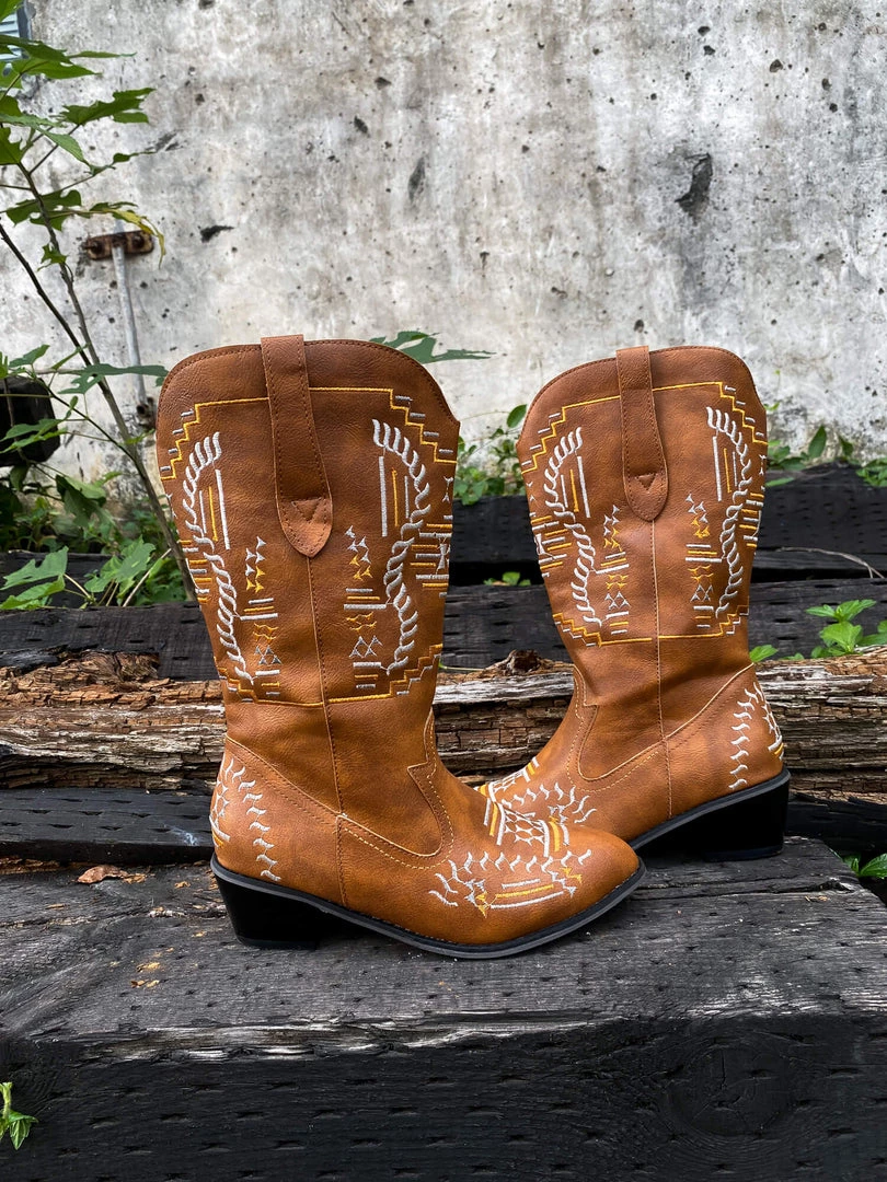 YL En Bloom | Geometric Embroidered Knee Cowboy Boots - Tan 8 YL En Bloom | Geometric Embroidered Knee Cowboy Boots - Tan