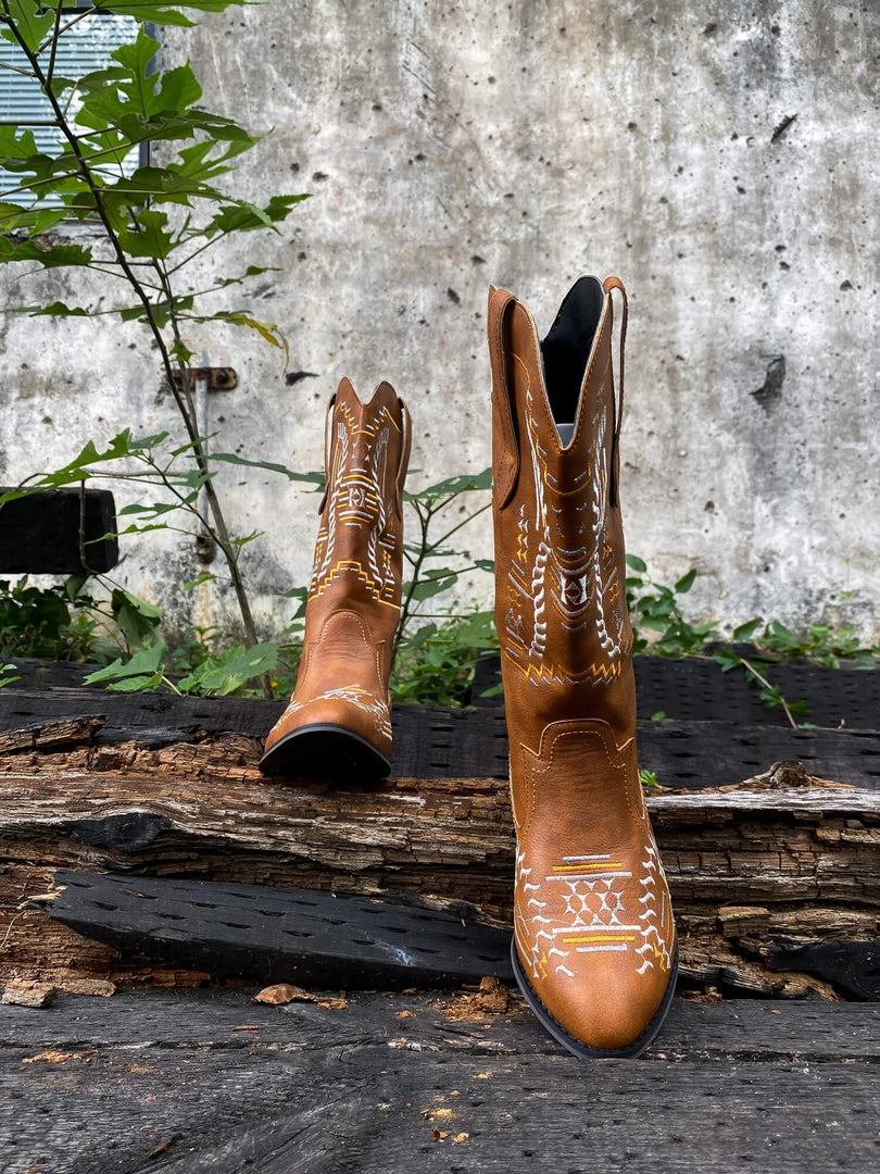 YL En Bloom | Geometric Embroidered Knee Cowboy Boots - Tan 10 YL En Bloom | Geometric Embroidered Knee Cowboy Boots - Tan