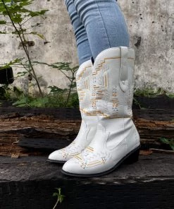 YL En Bloom | Geometric Embroidered Knee Cowboy Boots - White