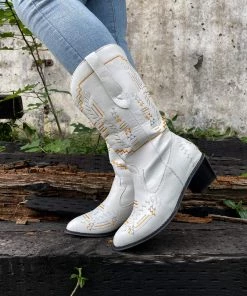 YL En Bloom | Geometric Embroidered Knee Cowboy Boots - White