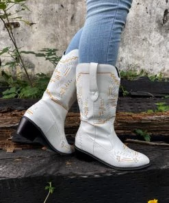 YL En Bloom | Geometric Embroidered Knee Cowboy Boots - White