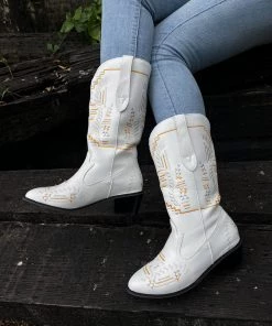 YL En Bloom | Geometric Embroidered Knee Cowboy Boots - White