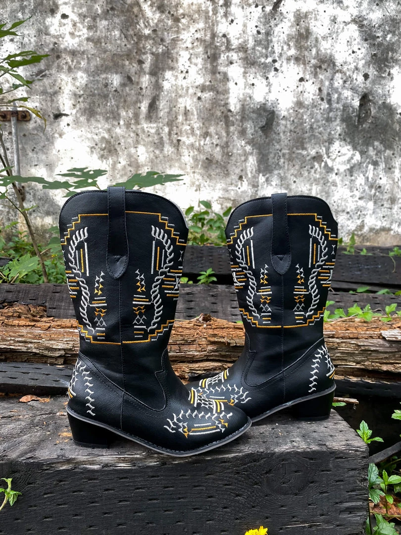 YL En Bloom | Geometric Embroidered Knee Cowboy Boots - Black New In Shoes 3 YL En Bloom | Geometric Embroidered Knee Cowboy Boots - Black New In Shoes