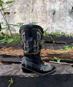 YL En Bloom | Geometric Embroidered Knee Cowboy Boots - Black New In Shoes