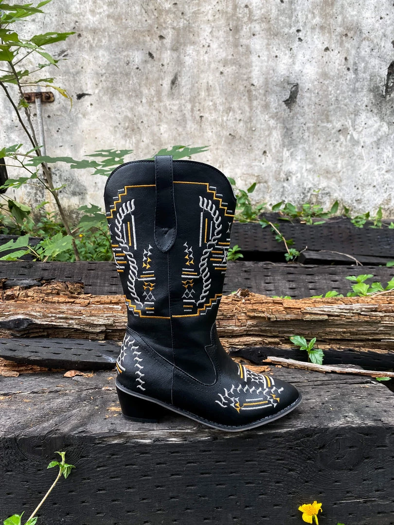 YL En Bloom | Geometric Embroidered Knee Cowboy Boots - Black New In Shoes 2 YL En Bloom | Geometric Embroidered Knee Cowboy Boots - Black New In Shoes
