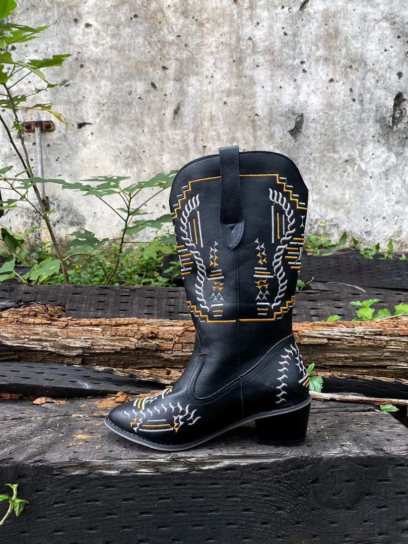 YL En Bloom | Geometric Embroidered Knee Cowboy Boots - Black New In Shoes 4 YL En Bloom | Geometric Embroidered Knee Cowboy Boots - Black New In Shoes