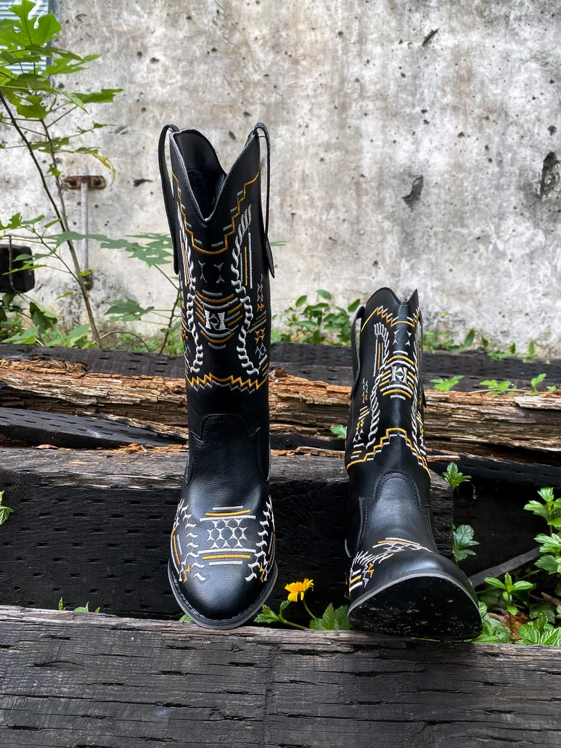 YL En Bloom | Geometric Embroidered Knee Cowboy Boots - Black New In Shoes 7 YL En Bloom | Geometric Embroidered Knee Cowboy Boots - Black New In Shoes