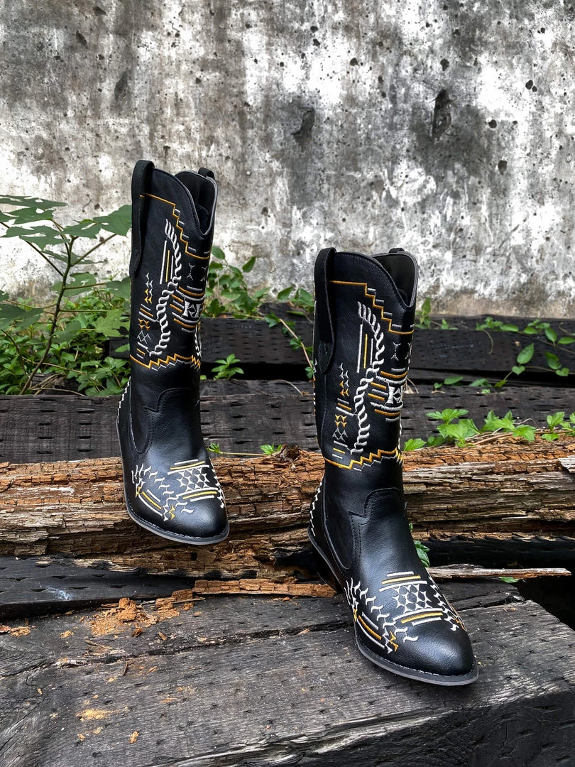 YL En Bloom | Geometric Embroidered Knee Cowboy Boots - Black New In Shoes 5 YL En Bloom | Geometric Embroidered Knee Cowboy Boots - Black New In Shoes