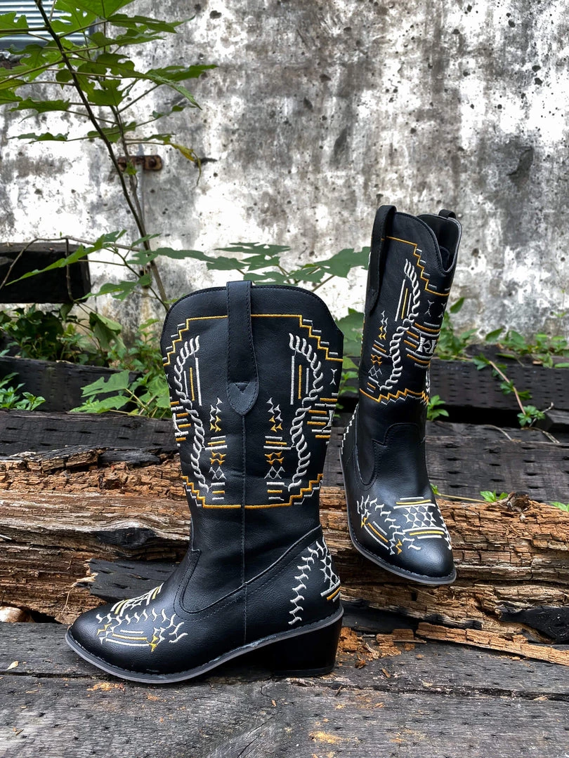YL En Bloom | Geometric Embroidered Knee Cowboy Boots - Black New In Shoes 6 YL En Bloom | Geometric Embroidered Knee Cowboy Boots - Black New In Shoes