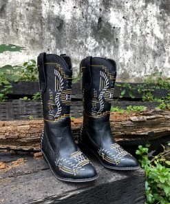 YL En Bloom | Geometric Embroidered Knee Cowboy Boots - Black New In Shoes
