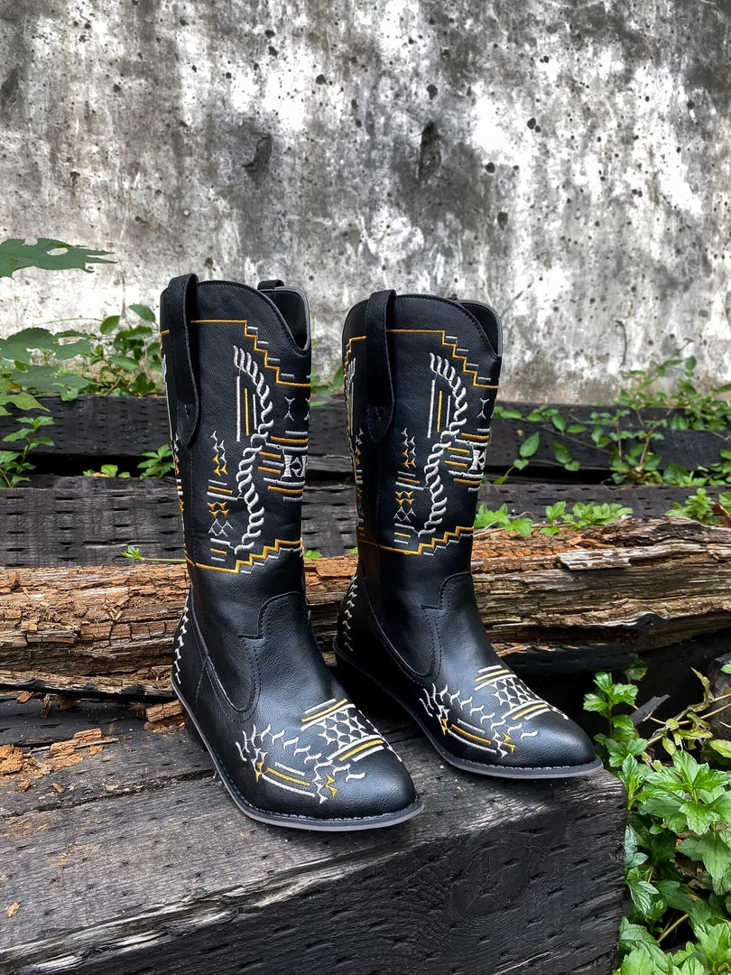 YL En Bloom | Geometric Embroidered Knee Cowboy Boots - Black New In Shoes 1 YL En Bloom | Geometric Embroidered Knee Cowboy Boots - Black New In Shoes