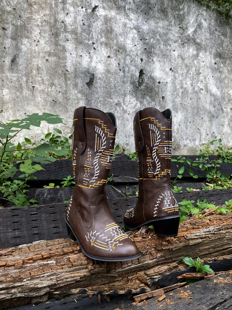 YL En Bloom | Geometric Embroidered Knee Cowboy Boots - Brown New In Shoes 10 YL En Bloom | Geometric Embroidered Knee Cowboy Boots - Brown New In Shoes