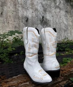 YL En Bloom | Geometric Embroidered Knee Cowboy Boots - White