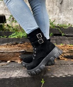 YL En Bloom | Uno Double Strap Ankle Flat Combat Boots - Black New In Shoes