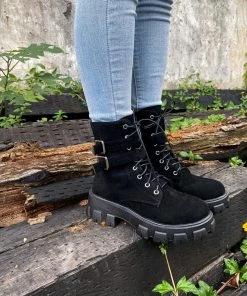 YL En Bloom | Uno Double Strap Ankle Flat Combat Boots - Black New In Shoes