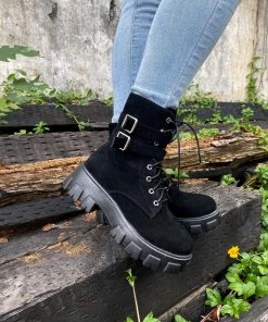YL En Bloom | Uno Double Strap Ankle Flat Combat Boots - Black New In Shoes