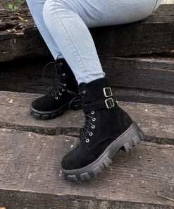 YL En Bloom | Uno Double Strap Ankle Flat Combat Boots - Black New In Shoes