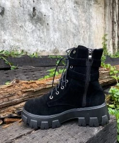 YL En Bloom | Uno Double Strap Ankle Flat Combat Boots - Black New In Shoes