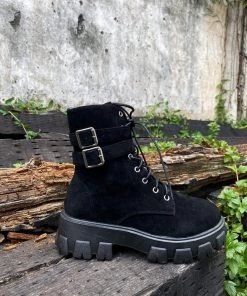 YL En Bloom | Uno Double Strap Ankle Flat Combat Boots - Black New In Shoes