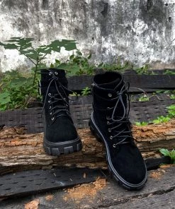 YL En Bloom | Uno Double Strap Ankle Flat Combat Boots - Black New In Shoes