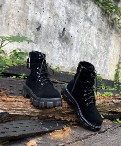 YL En Bloom | Uno Double Strap Ankle Flat Combat Boots - Black New In Shoes