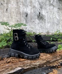 YL En Bloom | Uno Double Strap Ankle Flat Combat Boots - Black New In Shoes