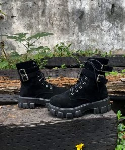 YL En Bloom | Uno Double Strap Ankle Flat Combat Boots - Black New In Shoes