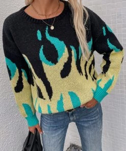 MY New In Clothing Smaibulun | Green Yellow Flame Black Knit Sweater