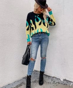 MY New In Clothing Smaibulun | Green Yellow Flame Black Knit Sweater