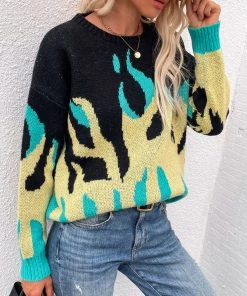MY New In Clothing Smaibulun | Green Yellow Flame Black Knit Sweater