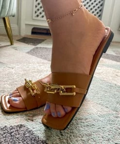 YL Brown Chain-Accent Slide Sandals Sliders Shoes - EN BLOOM