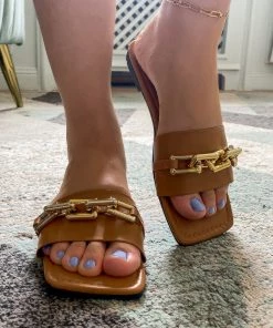 YL Brown Chain-Accent Slide Sandals Sliders Shoes - EN BLOOM