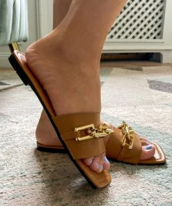 YL Brown Chain-Accent Slide Sandals Sliders Shoes - EN BLOOM